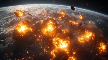Wall Mural - a catastrophic space battle unfolds above earth, with burning debris and exploding spacecraft fillin