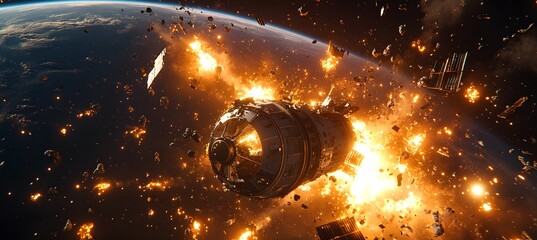 Wall Mural - a catastrophic space battle unfolds above earth, with burning debris and exploding spacecraft fillin