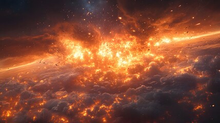 Wall Mural - a catastrophic space battle unfolds above earth, with burning debris and exploding spacecraft fillin