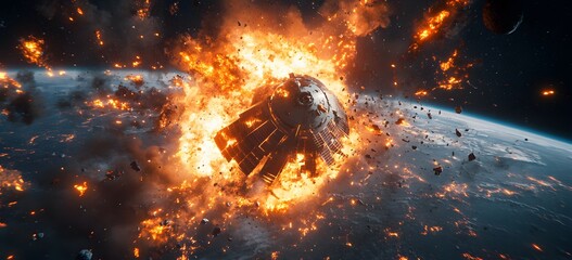 Wall Mural - a catastrophic space battle unfolds above earth, with burning debris and exploding spacecraft fillin