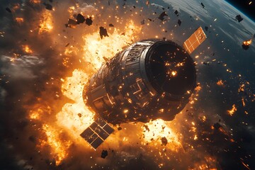 Wall Mural - a catastrophic space battle unfolds above earth, with burning debris and exploding spacecraft fillin