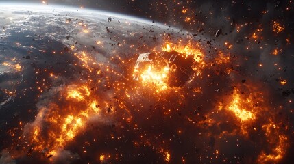 Wall Mural - a catastrophic space battle unfolds above earth, with burning debris and exploding spacecraft fillin
