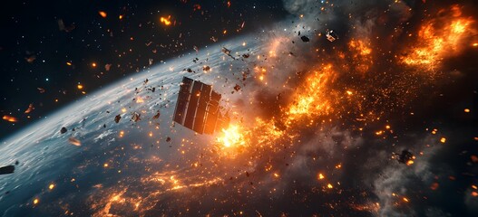 Wall Mural - a catastrophic space battle unfolds above earth, with burning debris and exploding spacecraft fillin