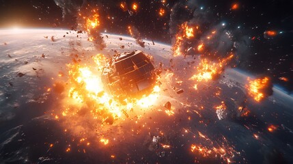 Wall Mural - a catastrophic space battle unfolds above earth, with burning debris and exploding spacecraft fillin