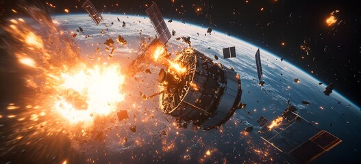Wall Mural - a catastrophic space battle unfolds above earth, with burning debris and exploding spacecraft fillin