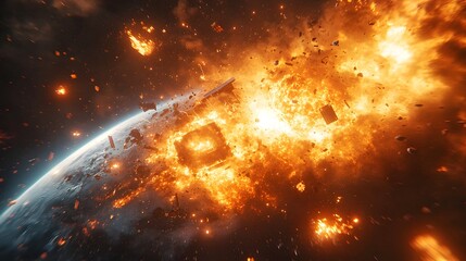 Wall Mural - a catastrophic space battle unfolds above earth, with burning debris and exploding spacecraft fillin