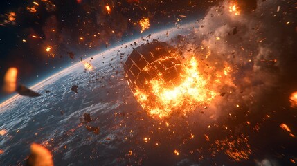 Wall Mural - a catastrophic space battle unfolds above earth, with burning debris and exploding spacecraft fillin