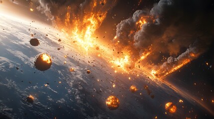 a catastrophic space battle unfolds above earth, with burning debris and exploding spacecraft fillin