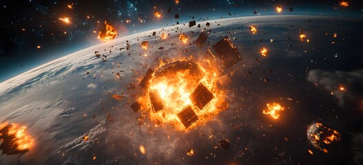 Wall Mural - a catastrophic space battle unfolds above earth, with burning debris and exploding spacecraft fillin