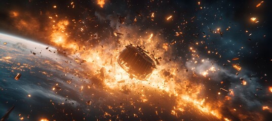 Wall Mural - a catastrophic space battle unfolds above earth, with burning debris and exploding spacecraft fillin