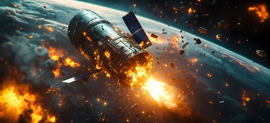 Wall Mural - a catastrophic space battle unfolds above earth, with burning debris and exploding spacecraft fillin