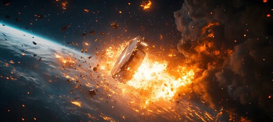 Wall Mural - a catastrophic space battle unfolds above earth, with burning debris and exploding spacecraft fillin