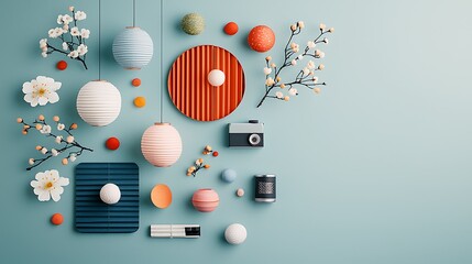 Poster - Pastel aesthetic flatlay with lanterns, flowers, and objects