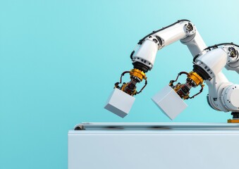 Poster - Advanced robotic arms handling white cubes in an industrial setting against a bright blue background