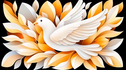 Poster - White dove illustration stands out against a backdrop of stylized orange and cream leaves on a stark black background.