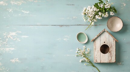 Poster - Rustic, spring-themed, decorative, tabletop display with white flowers, birdhouse, and bowls