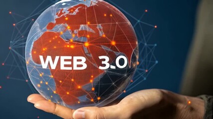 Poster - Hand holding web three point oh globe against blue background with network connections visible