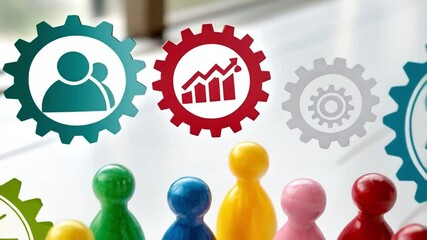 Poster - Colorful game pieces with gears and icons representing teamwork and business strategy on a table