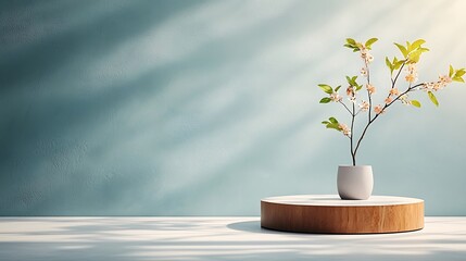 Poster - Softly lit, serene display of delicate spring blossoms in a simple ceramic pot on a wooden pedestal