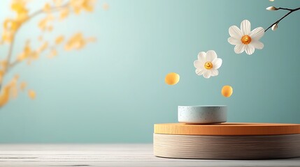 Poster - Spring blossoms, floating orbs on a wooden podium