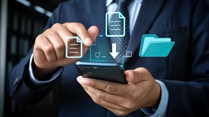 Poster - A man in a suit using a smartphone with digital file transfer icons above the phone in the air