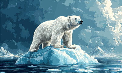 Fototapete - Majestic polar bear on iceberg in arctic waters with cloudy sky vector