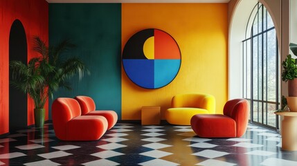 Leinwandbilder - Vibrant living room featuring a colorful mural, modern furniture, and stylish decor in an urban apartment during daylight