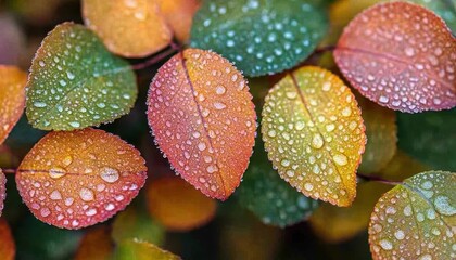 Poster - Colorful maple leaf glistening with morning dew in a tranquil autumn setting during a soft sunrise light