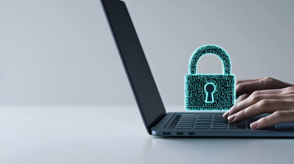 Poster - Hands Typing On Laptop With Holographic Security Lock