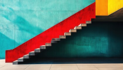 Poster - Vibrant urban stairs with bold colors and geometric patterns in a lively city setting during bright daylight