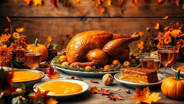 a warm and cozy autumn-inspired wallpaper featuring a beautifully set Thanksgiving dinner table with a deliciously roasted turkey as the centerpiece