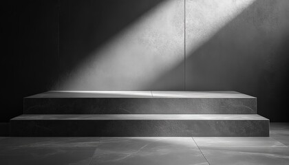 Fototapete - Modern minimalist stage with dramatic lighting showcases a sleek, stone structure in a contemporary interior space during a daytime setting