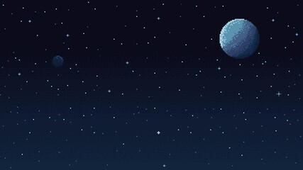 Aufkleber - Pixel art space background, 8 bit retro style video game. Starry sky. Galaxy. Planet. Simple game level template. Loop animation.