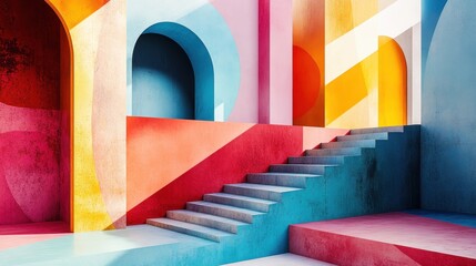 Poster - Staircase leading through vibrant colored walls with circular openings in a modern architectural setting during daylight hours