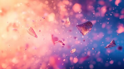 Aufkleber - Colorful abstract representation of molecules and particles floating in a vibrant background with a blend of blue and pink hues showcasing a microscopic view of the universe's elements