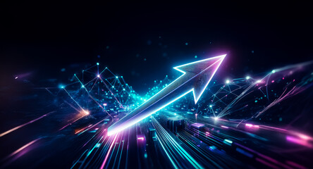 Wall Mural - bright neon arrow ascends on a dark backdrop with glowing lines and dots, forming a dynamic, futuris