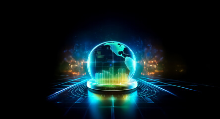 Poster - a glowing globe with continents is centered against a dark backdrop, illuminated by vibrant blue and