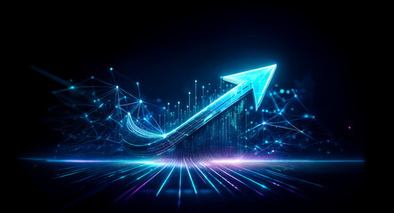 Poster - bright blue arrow ascends dynamically from a digital network against a dark backdrop, symbolizing gr