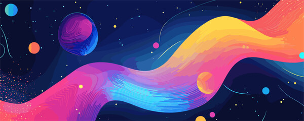 Colorful abstract wave with planetary elements in space background, vector