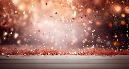 Canvas Print - warm blurry background with golden bokeh effect and falling glitter particles on a wooden surface, c