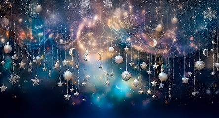 Wall Mural - a celestial dreamscape unfolds with shimmering stars, crescent moons, and pearl-like baubles elegant