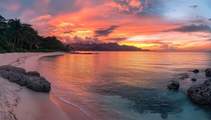 Poster - Colorful sunset over a tranquil beach with serene waters and lush greenery, capturing the beauty of nature in a tropical paradise