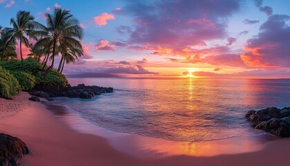 Poster - Colorful sunset over a tranquil beach with serene waters and lush greenery, capturing the beauty of nature in a tropical paradise