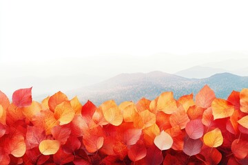 Poster - Colorful autumn leaves arranged artistically on a white background with a subtle mountain illustration in the distance during the fall season