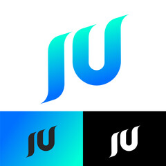 Poster - J and U monogram. Green-blue logo. Two letters like ribbons, isolated on a different backgrounds. 