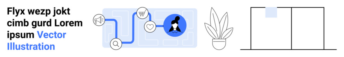 Workflow diagram with routing navigation, profile avatar, potted plant, and minimalist shapes. Ideal for business workflow, team collaboration, UX design, modern layout, digital tools organization