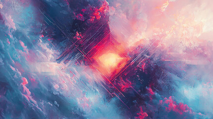 Poster - Vibrant abstract painting featuring geometric shapes against a bright pink and blue background with soft ambient glow and harmonious colors.