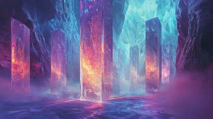 Poster - Enchanting fantasy cityscape depicting a majestic waterfall surrounded by abstract geometric shapes and vibrant colors in a dreamlike setting.