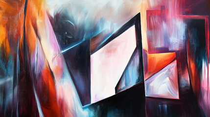 Poster - Stunning abstract painting of a city with geometric shapes and soft ambient glow creating an inviting urban atmosphere and artistic flair.
