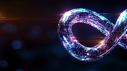 Poster - Glowing infinity symbol with sparkling blue and pink particles on dark background creates magical light trail effect. Dynamic motion design element.